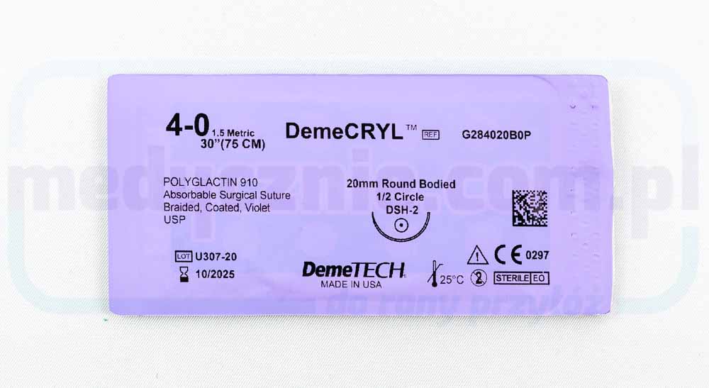 DEMECRYL Sutură chirurgicală (absorbabilă) 5/0 75cm violet cu ac rotunjit 1/2 17mm DEMETECH 1 buc