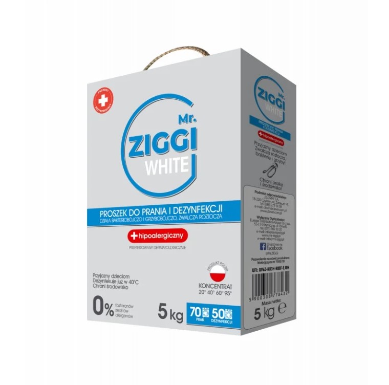 Ziggi 5 kg pudră de spălat și dezinfectat pentru produse albe