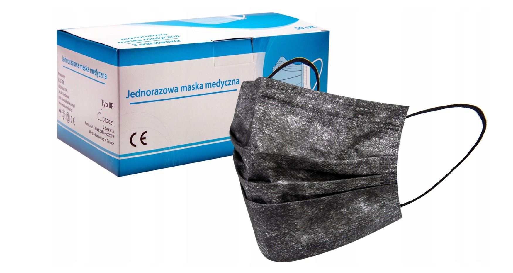 Mască chirurgicală neagră tip II 50pcs medicală, triplu stratificată, pe bandă elastică